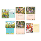 Assortment of six distinct open greeting cards, each showing a front design with birds or nature and its corresponding inside message like 'Happy Birthday' or 'Happy Anniversary'.