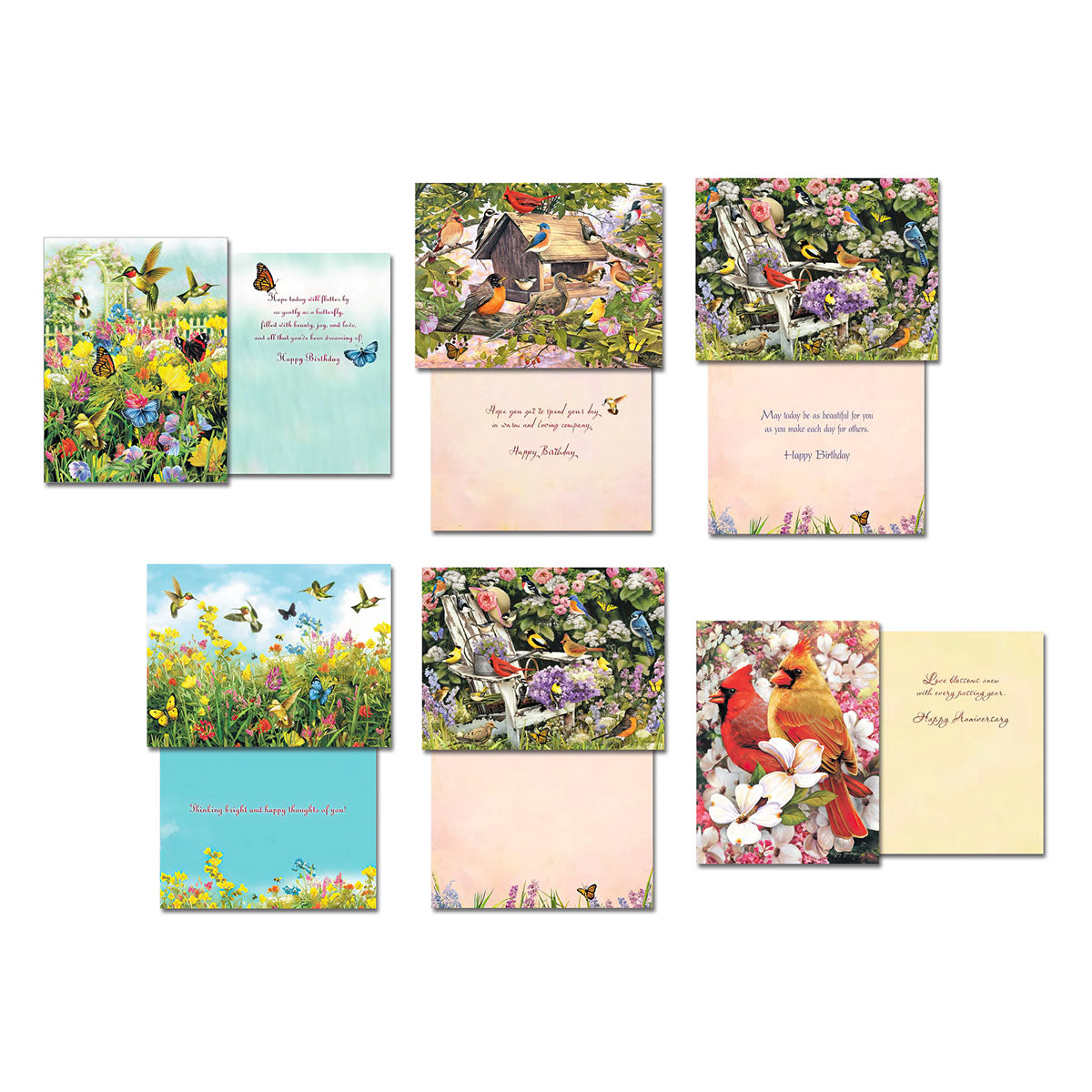 Assortment of six distinct open greeting cards, each showing a front design with birds or nature and its corresponding inside message like 'Happy Birthday' or 'Happy Anniversary'.