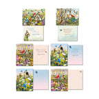 Assortment of six distinct open greeting cards, each showing a front design with birds or nature and its corresponding inside message like 'Happy Birthday' or 'You're so thoughtful!'.