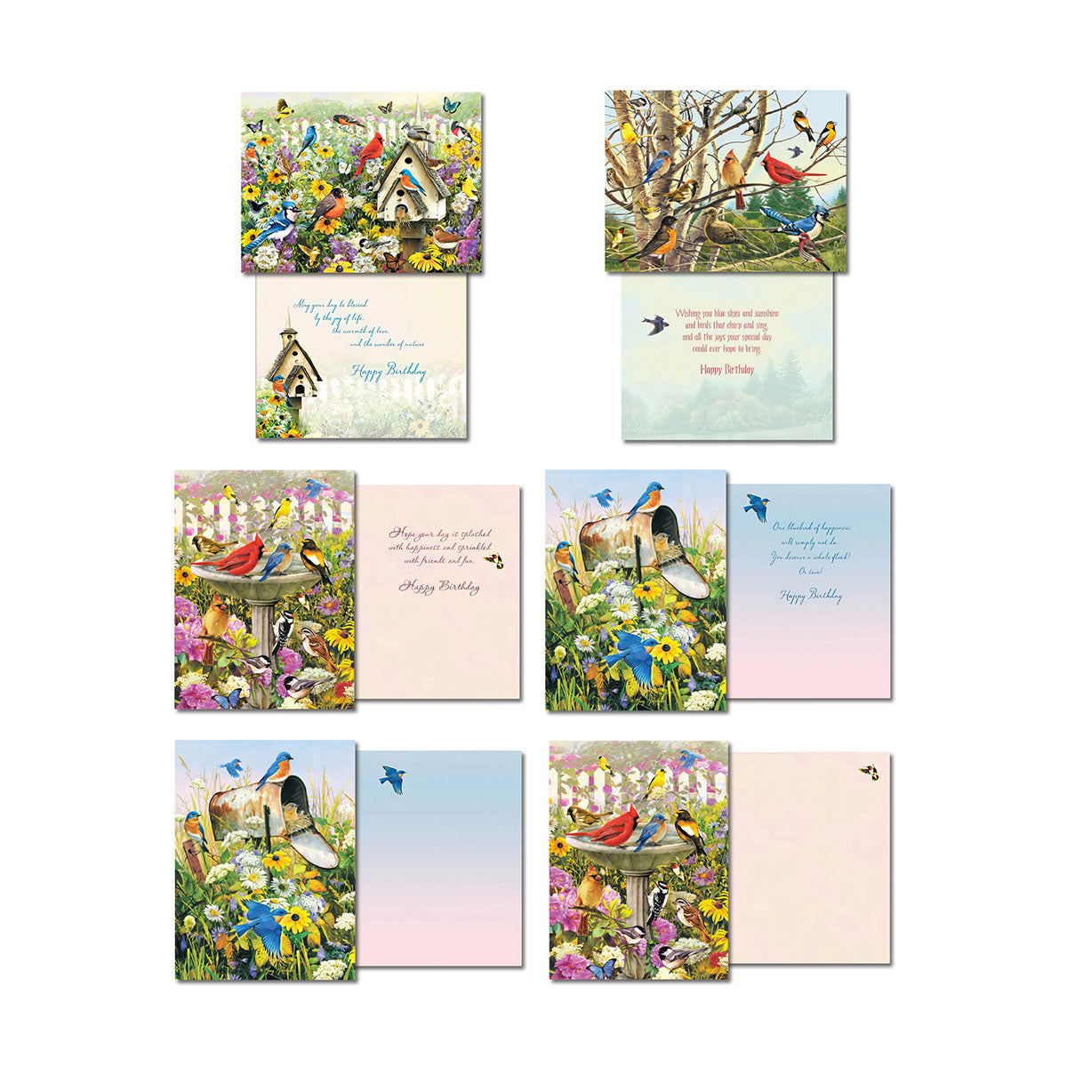 Assortment of six distinct open greeting cards, each showing a front design with birds or nature and its corresponding inside message like 'Happy Birthday' or 'You're so thoughtful!'.