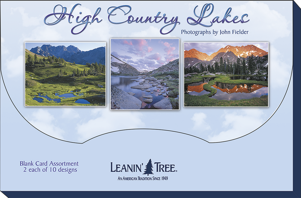 Packaging for "High Country Lakes" blank card assortment by Leanin' Tree. Shows three sample cards with mountain and lake photography, highlighting the 2 each of 10 designs.