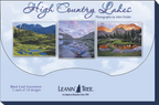 Packaging for "High Country Lakes" blank card assortment by Leanin' Tree. Shows three sample cards with mountain and lake photography, highlighting the 2 each of 10 designs.