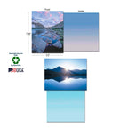 Detailed view of a blank greeting card (7.25" x 5.5") showing its front (mountain lake sunset) and blank interior. Emphasizes "Sustainably-Sourced Paper," "Soy-Based Inks," and "Made in USA."