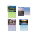 Another four blank greeting cards from the assortment, showing diverse mountain and lake scenes with their blank interiors. Includes images of a majestic rainbow over a lake and a rocky alpine landscape.