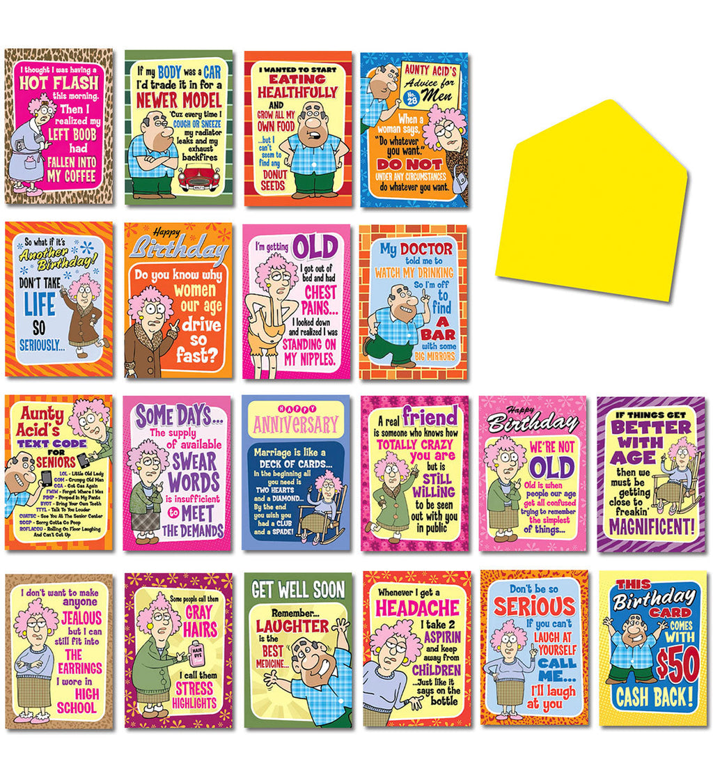 Full view of the Aunty Acid funny greeting card assortment. Features 20 unique humorous cards for adults, each with a comical illustration and witty saying, alongside a bright yellow envelope. Perfect for various occasions.