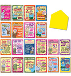 Full view of the Aunty Acid funny greeting card assortment. Features 20 unique humorous cards for adults, each with a comical illustration and witty saying, alongside a bright yellow envelope. Perfect for various occasions.