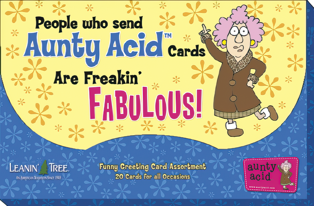 Back of the Aunty Acid greeting card assortment box, showcasing the brand slogan 'People who send Aunty Acid Cards Are Freakin' FABULOUS!'. Features Aunty Acid character, Leanin' Tree logo, and mentions 'Funny Greeting Card Assortment, 20 Cards for all Occasions'.