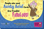 Back of the Aunty Acid greeting card assortment box, showcasing the brand slogan 'People who send Aunty Acid Cards Are Freakin' FABULOUS!'. Features Aunty Acid character, Leanin' Tree logo, and mentions 'Funny Greeting Card Assortment, 20 Cards for all Occasions'.