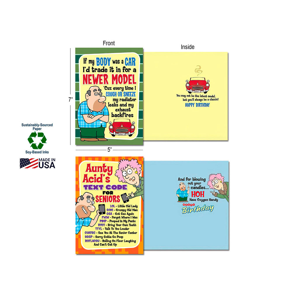 Two Aunty Acid funny cards displayed with dimensions (5"x7"). One card reads 'If my BODY was a CAR I'd trade it in for a NEWER MODEL', and the other, 'Aunty Acid's TEXT CODE for SENIORS'. Highlights 'Sustainably-Sourced Paper', 'Soy-Based Inks', and 'Made in USA'.