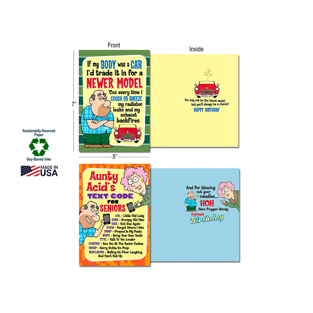 Two Aunty Acid funny cards displayed with dimensions (5"x7"). One card reads 'If my BODY was a CAR I'd trade it in for a NEWER MODEL', and the other, 'Aunty Acid's TEXT CODE for SENIORS'. Highlights 'Sustainably-Sourced Paper', 'Soy-Based Inks', and 'Made in USA'.