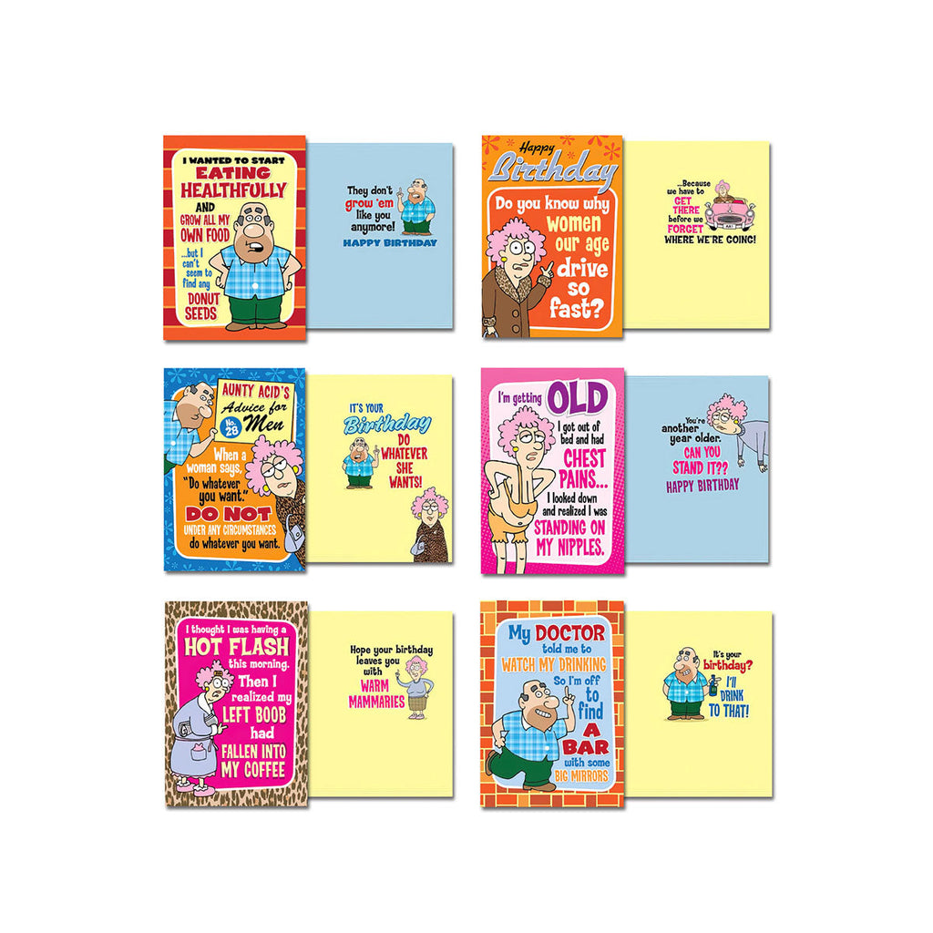 A grid of eight different Aunty Acid funny greeting cards, showing both humorous fronts and witty inside messages. Themes include aging, health, and everyday observations with a sarcastic tone, perfect for funny birthday and general adult occasion cards.