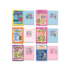 Bottom row of Aunty Acid comical greeting cards, displaying the front and inside messages of four different designs. Themes include funny takes on birthdays, getting older, and humorous relationship insights, ideal for friends and family.