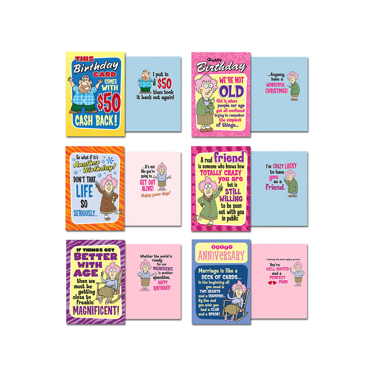 Bottom row of Aunty Acid comical greeting cards, displaying the front and inside messages of four different designs. Themes include funny takes on birthdays, getting older, and humorous relationship insights, ideal for friends and family.