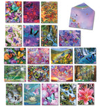 Assortment of 20 vibrant butterfly and nature-themed greeting card fronts with a matching envelope, showcasing colorful designs for various occasions.