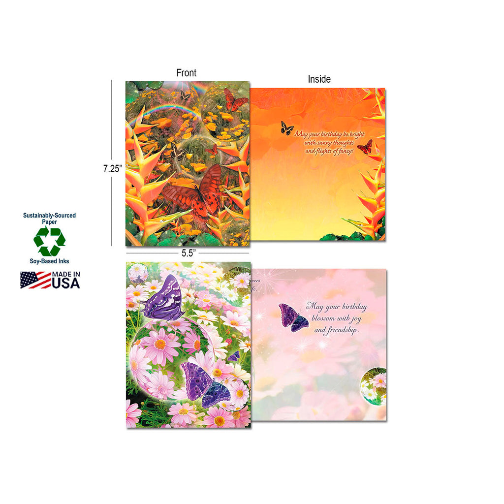 Two example greeting cards from the assortment, displaying front and inside messages, along with product dimensions (7.25x5.5 inches) and 'Sustainably-Sourced Paper', 'Soy-Based Inks', 'Made in USA' labels.