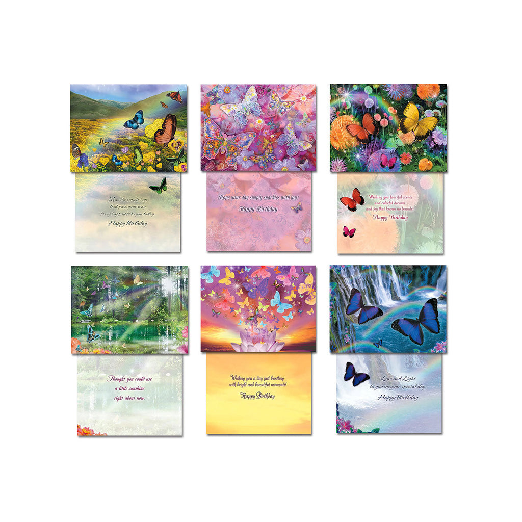 Display of six unique butterfly-themed greeting card fronts with their corresponding inside messages, predominantly featuring 'Happy Birthday' sentiments and colorful nature art.