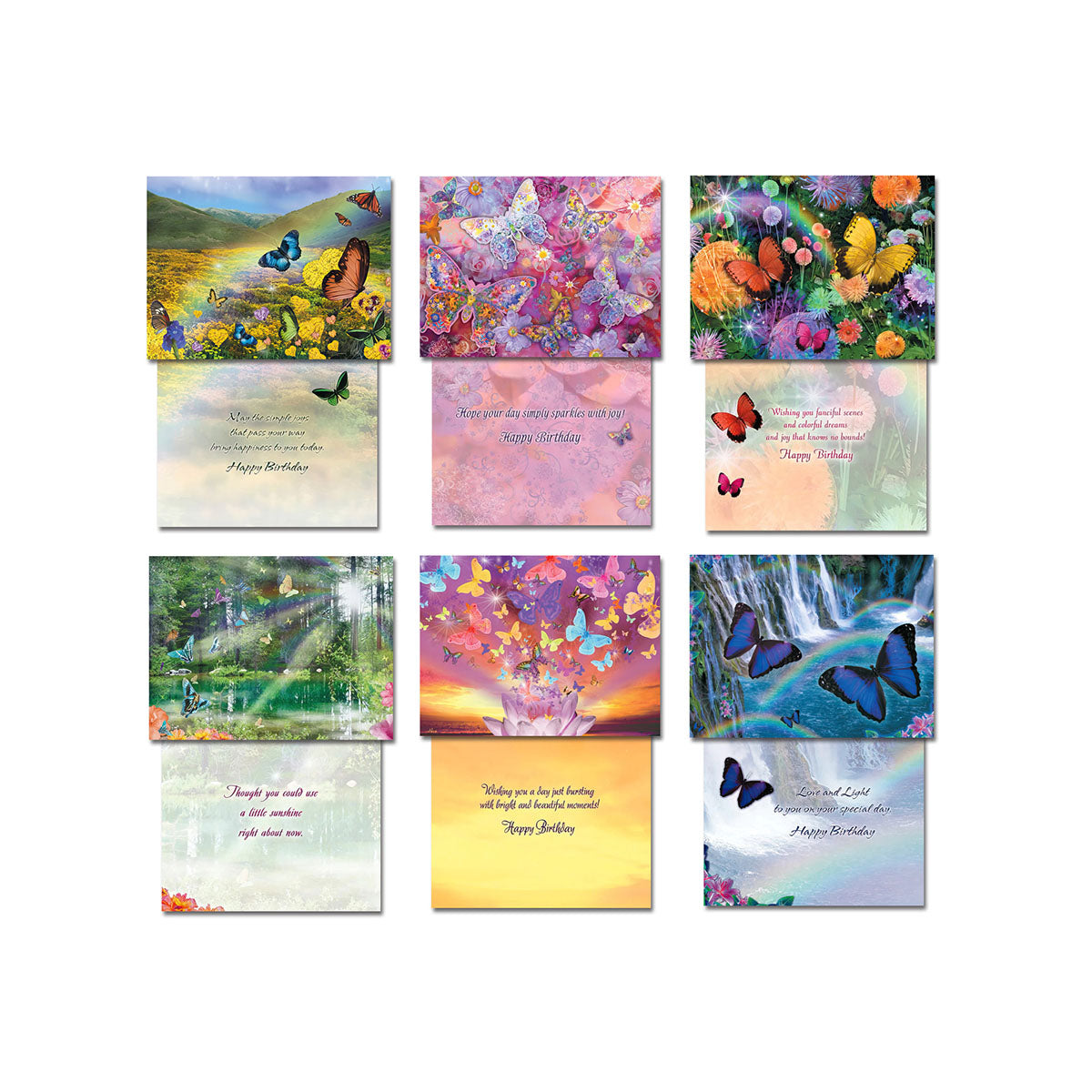 Display of six unique butterfly-themed greeting card fronts with their corresponding inside messages, predominantly featuring 'Happy Birthday' sentiments and colorful nature art.