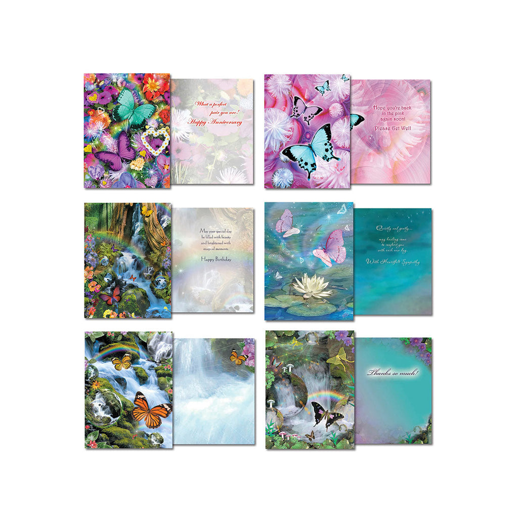 Six diverse greeting cards from the assortment, showing fronts and inside messages for various occasions including Anniversary, Get Well, Sympathy, and Thank You, all adorned with beautiful butterflies.