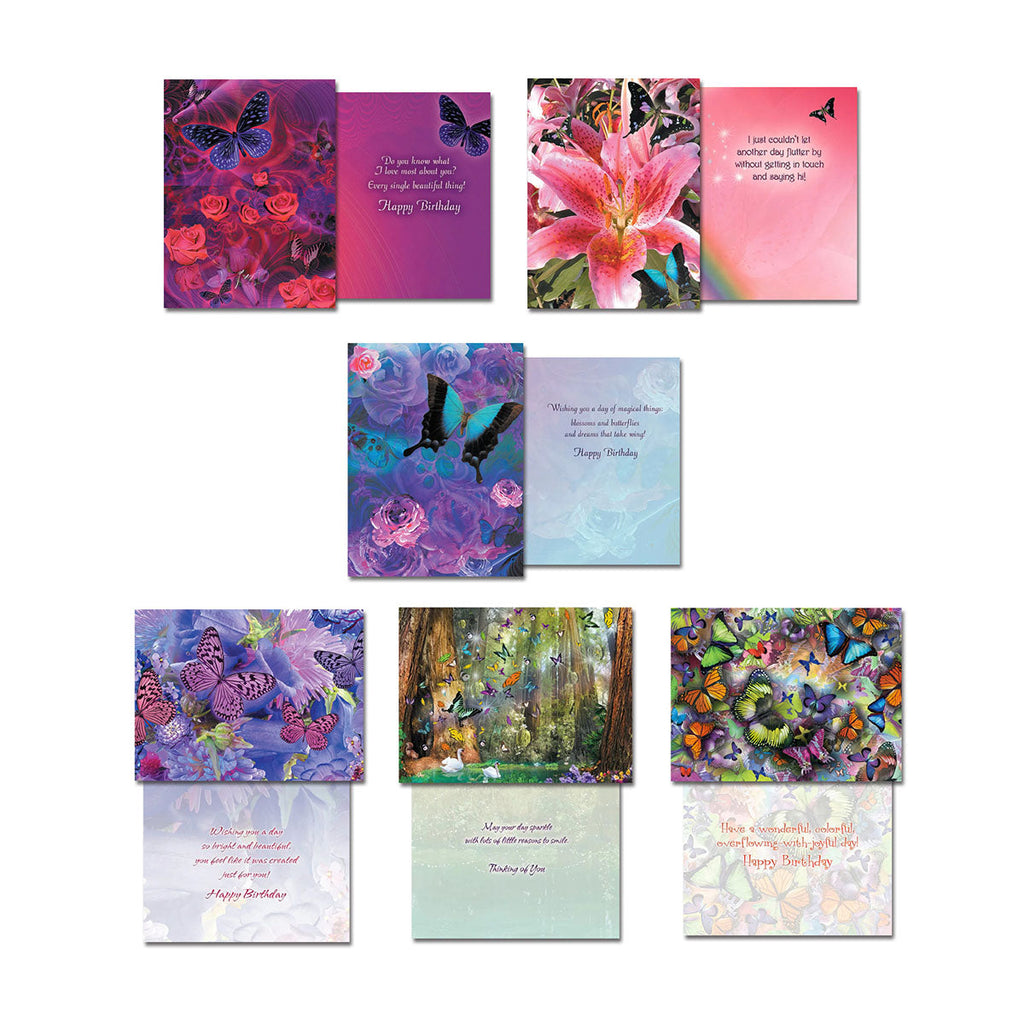 Seven additional unique greeting card designs from the butterfly assortment, showcasing card fronts and inside messages for birthdays and 'Thinking of You', with vibrant floral and butterfly artwork.