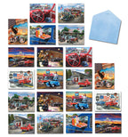 Route 66 greeting card assortment featuring vintage cars, classic motorcycles, and nostalgic American diner scenes. Includes various card designs and a blue envelope, perfect for him or any friend who loves retro road trips.