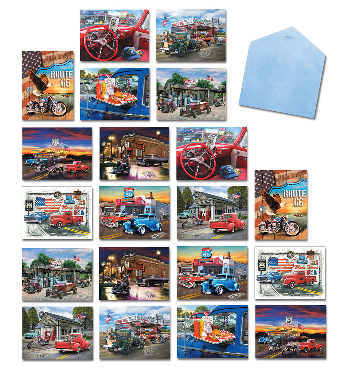 Route 66 greeting card assortment featuring vintage cars, classic motorcycles, and nostalgic American diner scenes. Includes various card designs and a blue envelope, perfect for him or any friend who loves retro road trips.