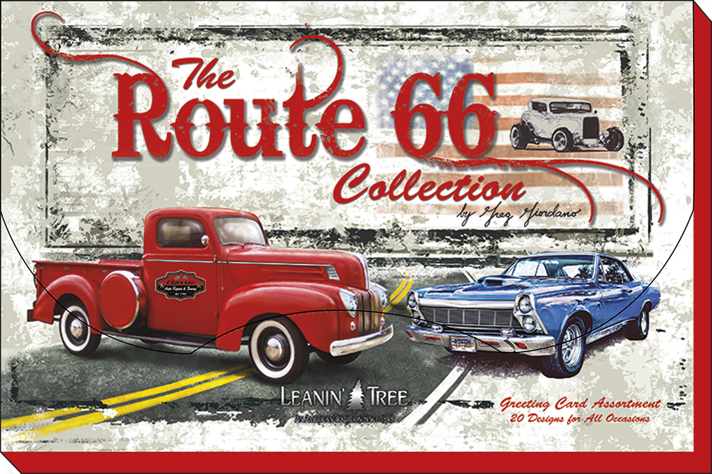 The Route 66 Collection card assortment cover, showcasing a classic red pickup truck and a blue vintage car on a grunge-style background with an American flag motif and '20 Designs for All Occasions' text.