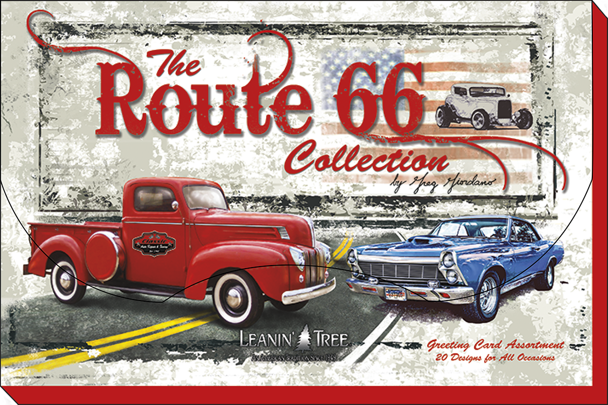 The Route 66 Collection card assortment cover, showcasing a classic red pickup truck and a blue vintage car on a grunge-style background with an American flag motif and '20 Designs for All Occasions' text.