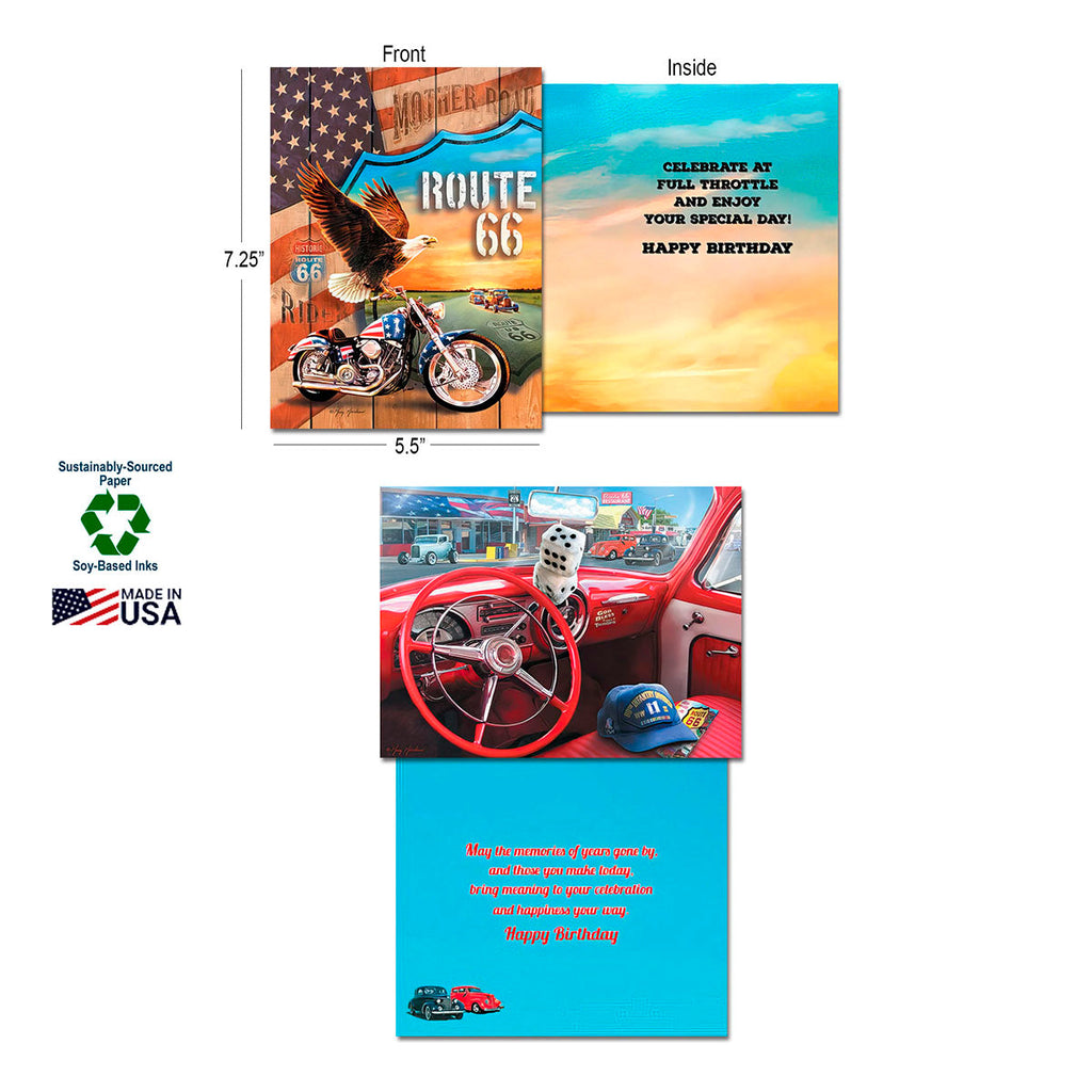 Detailed view of a Route 66 greeting card front with an American eagle and motorcycle, showing its 'Happy Birthday' inside message. Features 'Sustainably-Sourced Paper,' 'Soy-Based Inks,' and 'Made in USA' labels, emphasizing eco-friendly quality.
