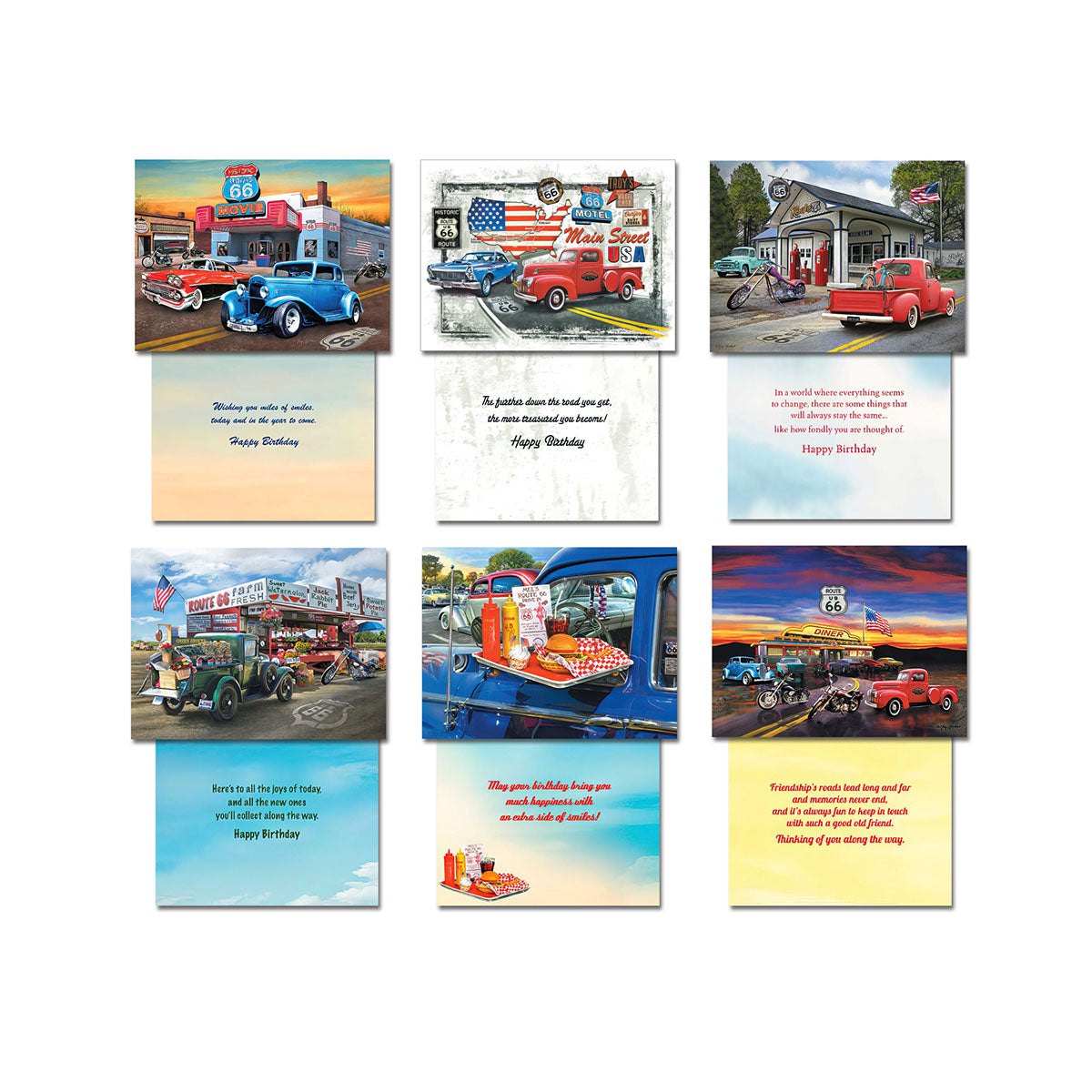 Collage displaying nine different Route 66 themed greeting card designs, each paired with its heartfelt or lighthearted inside message, including classic cars, diners, and road scenes suitable for various celebrations.