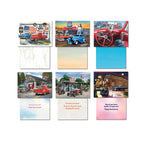 Assortment of nine unique Route 66 greeting cards, showing card fronts with vintage vehicles and nostalgic American landscapes alongside their corresponding inside messages, such as 'Happy Anniversary' and 'Thank You So Much.'