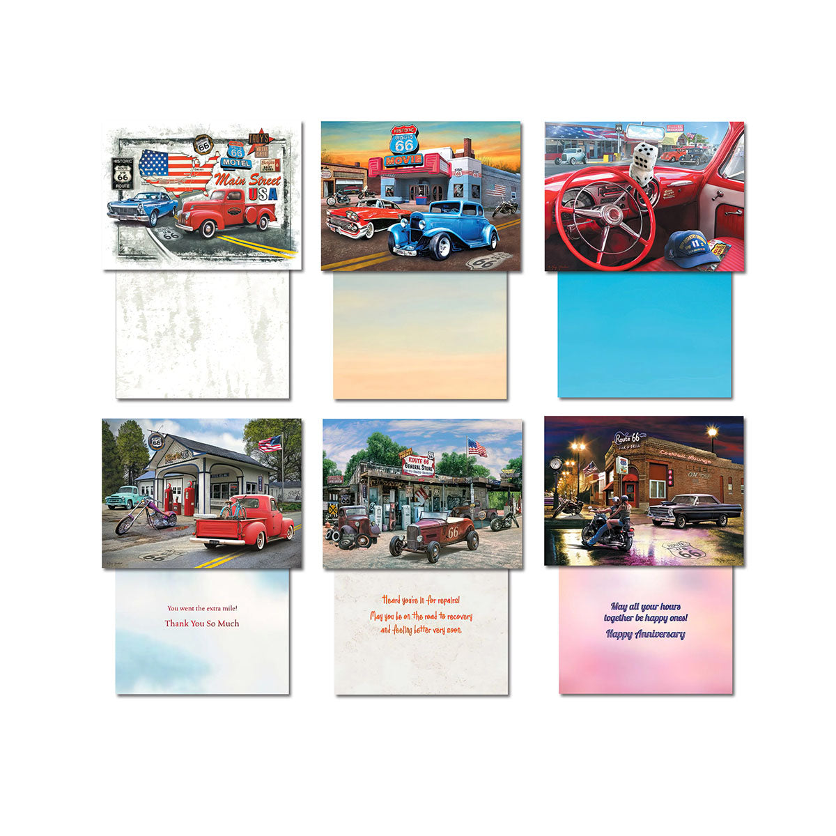 Assortment of nine unique Route 66 greeting cards, showing card fronts with vintage vehicles and nostalgic American landscapes alongside their corresponding inside messages, such as 'Happy Anniversary' and 'Thank You So Much.'