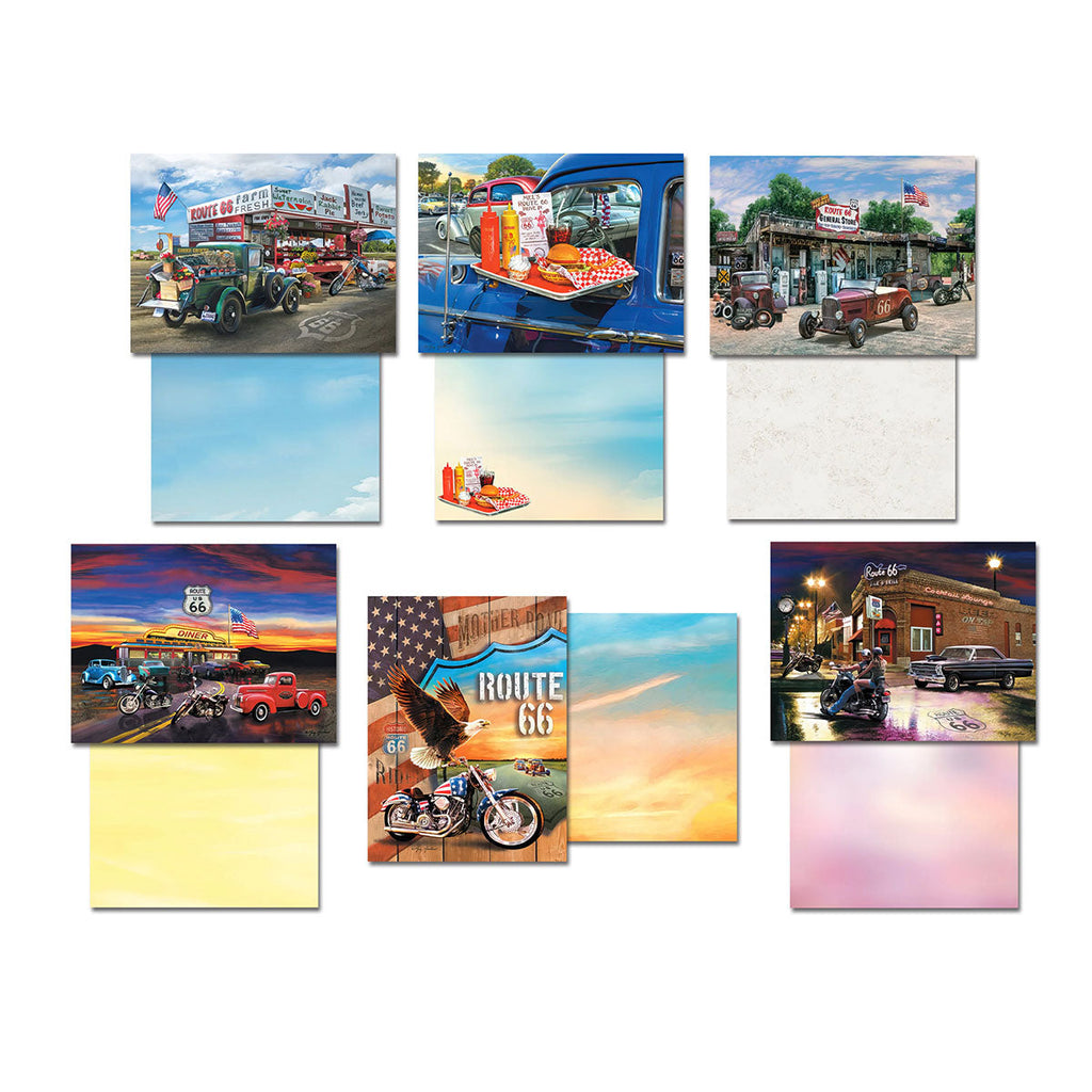 Diverse collection of Route 66 themed greeting cards, featuring classic hot rods, scenic highway views, and an American eagle design. Each card front is shown with its blank interior or back, highlighting the variety of the assortment.