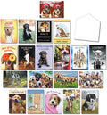 Variety pack of 20 Leanin' Tree dog greeting cards for all occasions, displayed with a blank white envelope. Features diverse breeds and funny, heartwarming designs like a bulldog firefighter, cat baker, party dogs, and more.