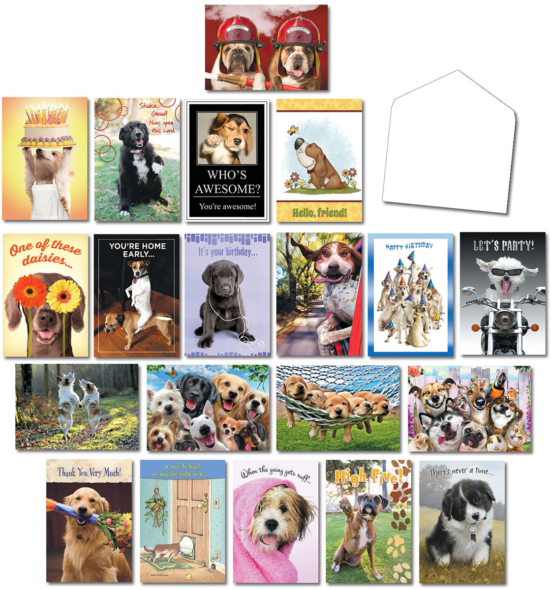 Variety pack of 20 Leanin' Tree dog greeting cards for all occasions, displayed with a blank white envelope. Features diverse breeds and funny, heartwarming designs like a bulldog firefighter, cat baker, party dogs, and more.