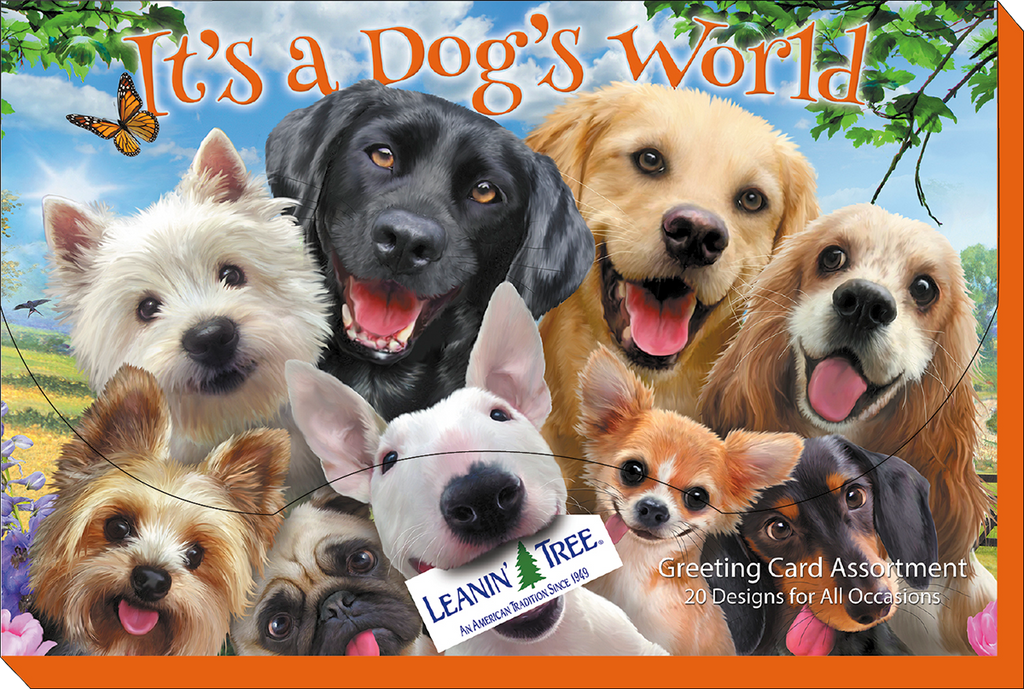 Front of Leanin' Tree's 'It's a Dog's World' greeting card assortment box, showcasing a joyful collage of various dog breeds including a golden retriever, labrador, terrier, pug, and chihuahua with a butterfly in a sunny landscape.
