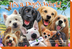 Front of Leanin' Tree's 'It's a Dog's World' greeting card assortment box, showcasing a joyful collage of various dog breeds including a golden retriever, labrador, terrier, pug, and chihuahua with a butterfly in a sunny landscape.