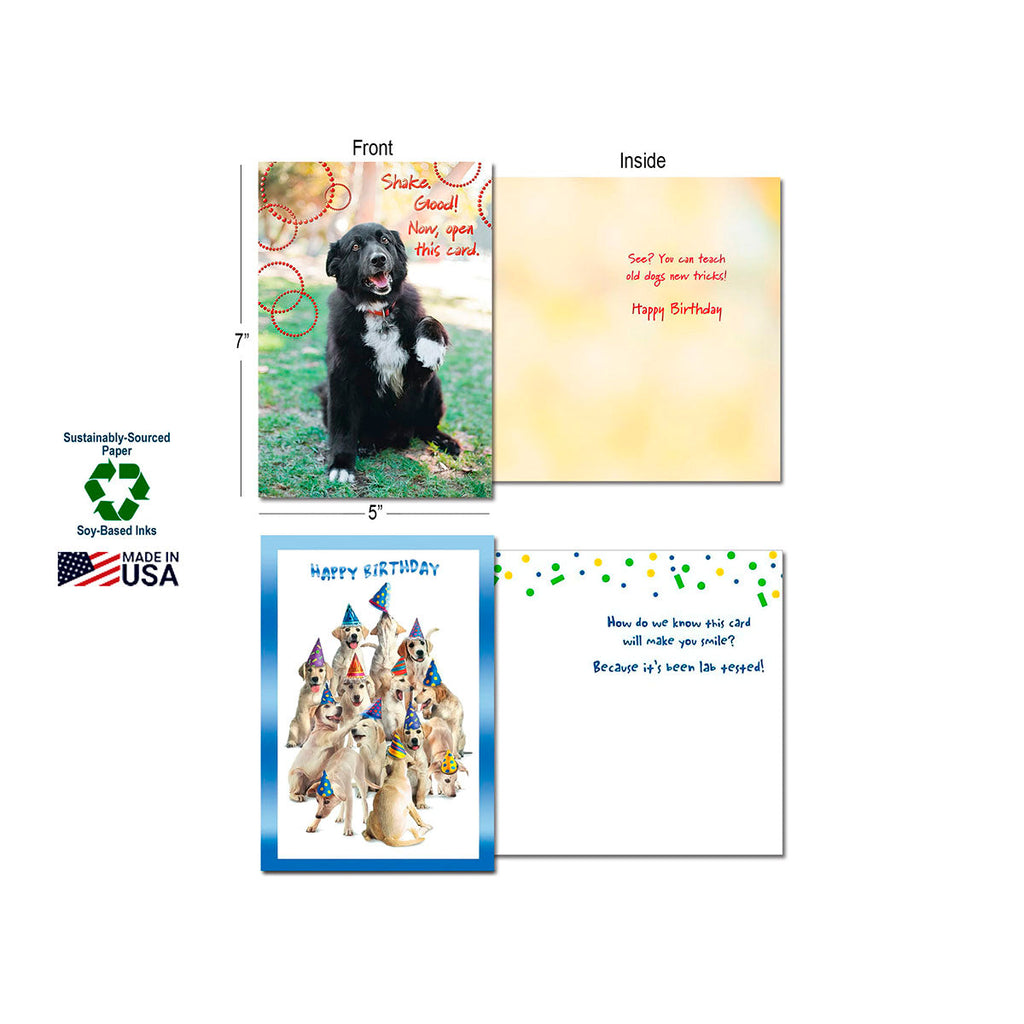 Two open dog-themed greeting cards from the assortment. One birthday card shows a black border collie with the message 'Shake, Growl! Now, open this card!' and 'Happy Birthday' inside. The second features many dogs in party hats with a birthday message, highlighting sustainably-sourced paper, soy-based inks, and Made in USA.