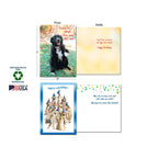 Two open dog-themed greeting cards from the assortment. One birthday card shows a black border collie with the message 'Shake, Growl! Now, open this card!' and 'Happy Birthday' inside. The second features many dogs in party hats with a birthday message, highlighting sustainably-sourced paper, soy-based inks, and Made in USA.