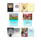 Assortment of four open dog greeting cards, showing front and inside messages. Includes birthday cards with a beagle, a cat, two bulldogs dressed as firefighters, and puppies relaxing in a hammock. Also a 'Let's Party!' card with a cool dog on a motorcycle.