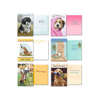Four unique open dog greeting cards, displaying front and inside messages. Designs feature a border collie puppy, a fluffy dog wrapped in a pink blanket, a gentle dog with a butterfly, a dog peeking through a door, two dogs giving a high five, and a golden retriever carrying flowers in its mouth.
