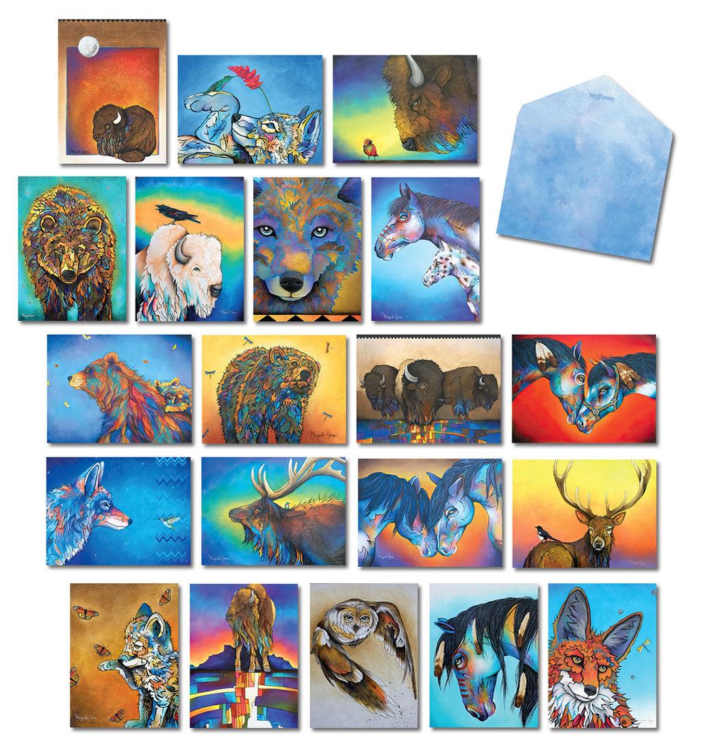 Complete collection of 20 Micqaela Jones 'Native Colors' blank greeting cards featuring vibrant mosaic-style animal art including bison, bears, wolves, and foxes, with a light blue envelope.