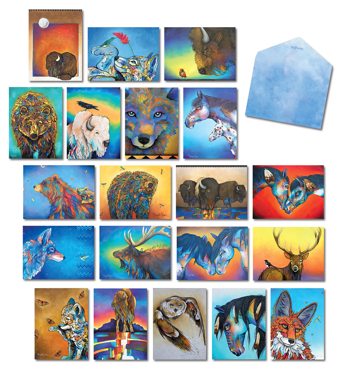 Complete collection of 20 Micqaela Jones 'Native Colors' blank greeting cards featuring vibrant mosaic-style animal art including bison, bears, wolves, and foxes, with a light blue envelope.