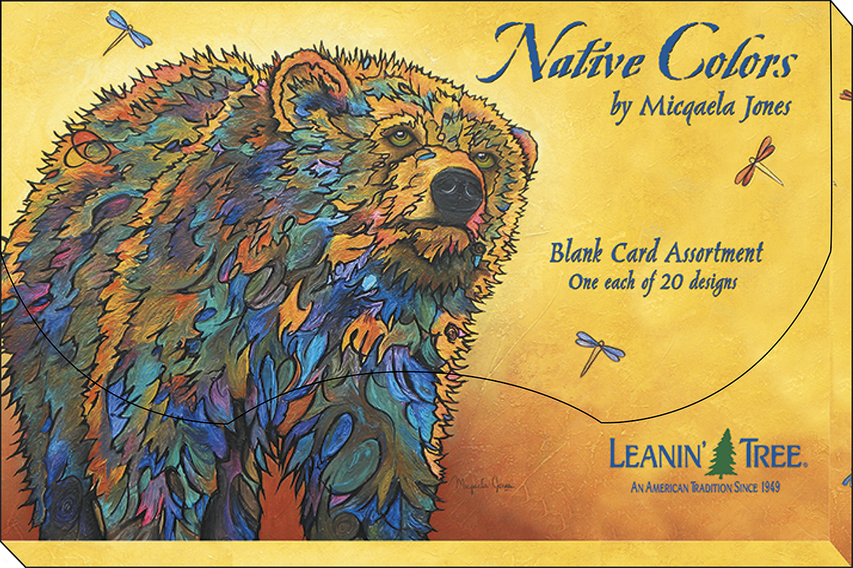 Close-up of the 'Native Colors by Micaela Jones' blank greeting card assortment packaging, highlighting a colorful, stylized bear artwork and Leanin' Tree branding.