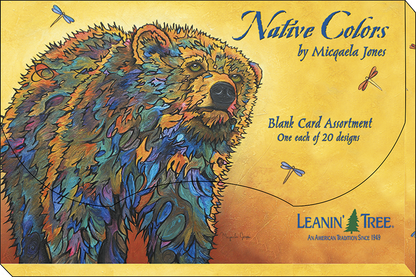 Native Colors blank card assortment box with a colorful bear design by Micqaela Jones and Leanin' Tree branding.