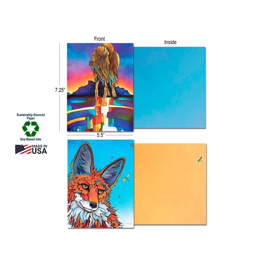 Product detail shot showing 7.25 x 5.5 inch blank greeting card dimensions, featuring a bison and fox card design, highlighting sustainably-sourced paper, soy-based inks, and Made in USA attributes.