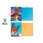 Product detail shot showing 7.25 x 5.5 inch blank greeting card dimensions, featuring a bison and fox card design, highlighting sustainably-sourced paper, soy-based inks, and Made in USA attributes.