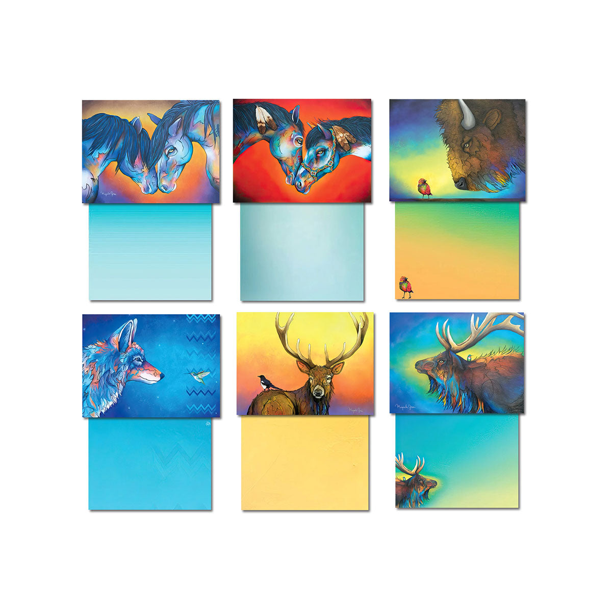Arrangement of various Native Colors greeting card designs, including horses, bison, elk, and wolves with vibrant backgrounds.