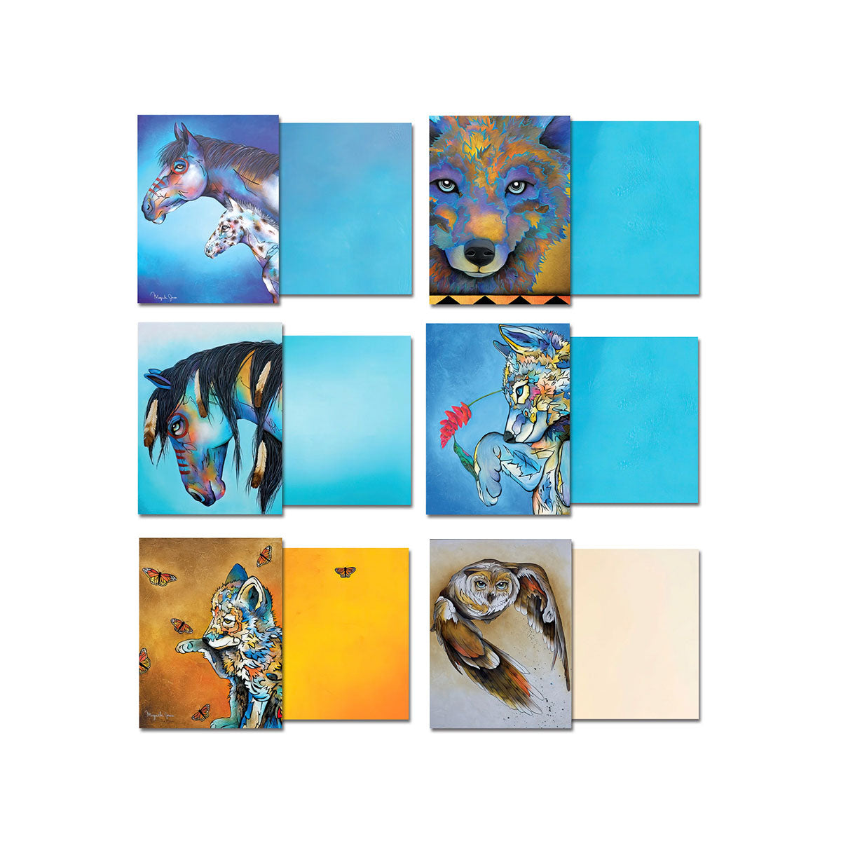 Close-up of several Native Colors greeting card designs, featuring horses, wolves, and an owl in bold, artistic styles.