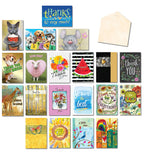Full assortment of 20 unique thank you greeting cards and envelopes, featuring diverse designs like animals, nature scenes, and abstract patterns. Perfect for general appreciation.