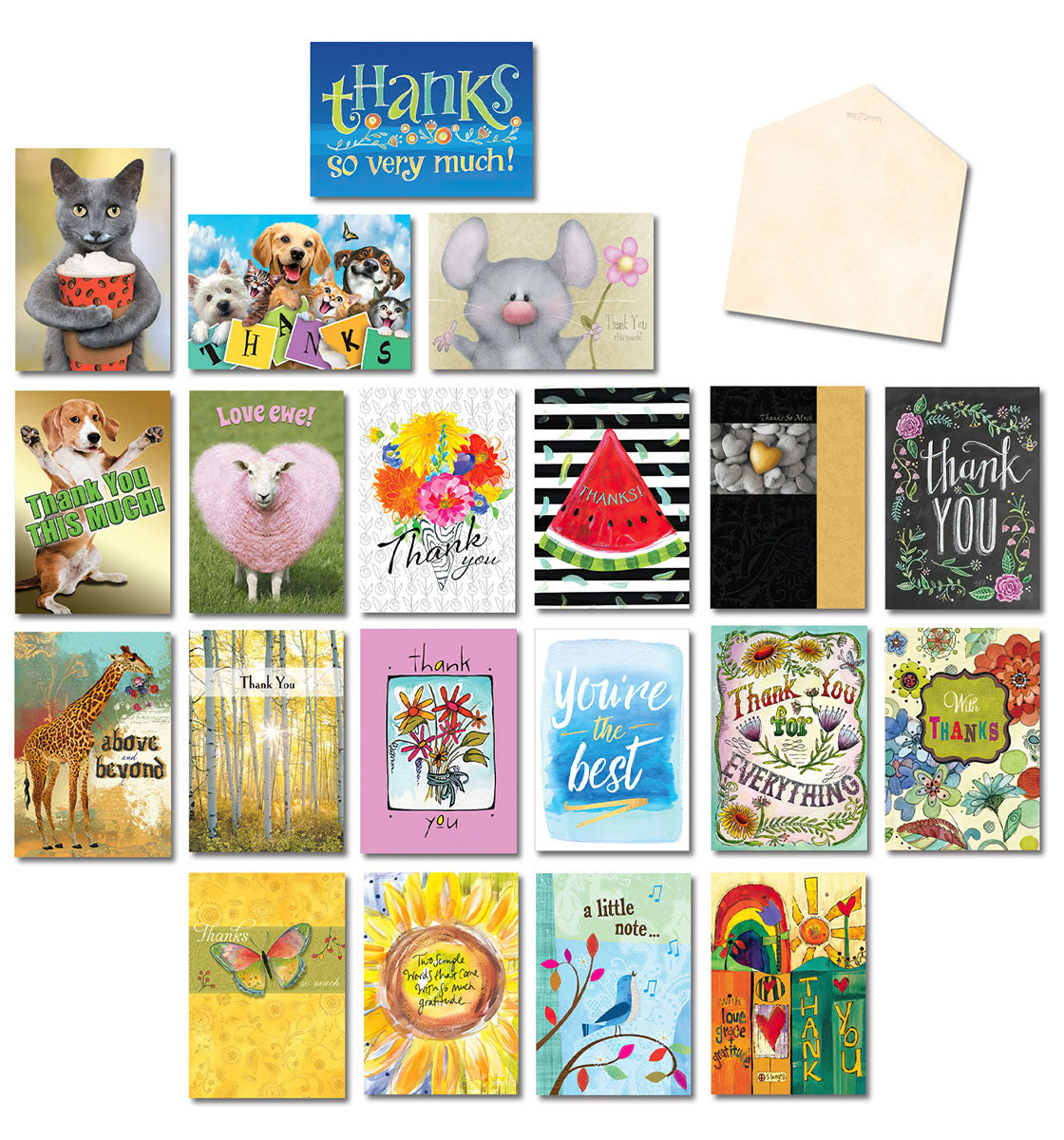 Full assortment of 20 unique thank you greeting cards and envelopes, featuring diverse designs like animals, nature scenes, and abstract patterns. Perfect for general appreciation.